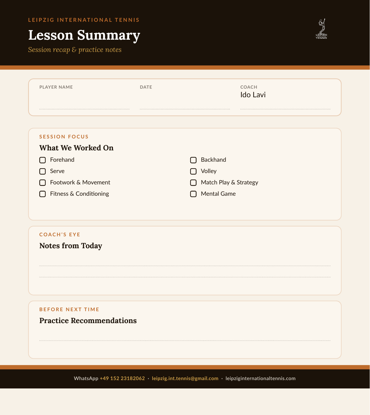 Example of the written session summary you receive after every private lesson